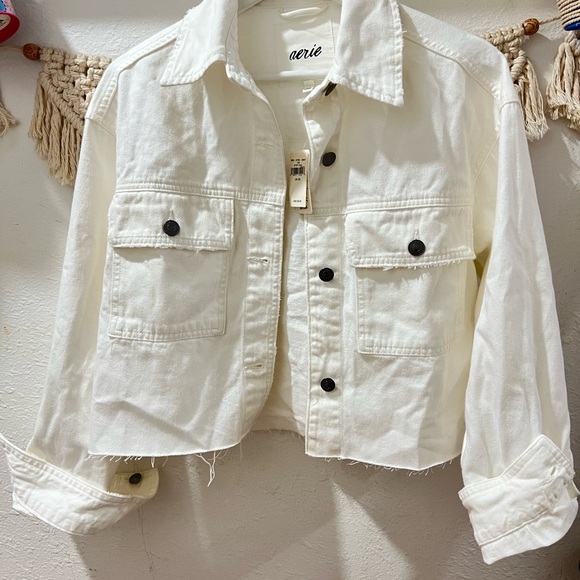 aerie Jackets & Blazers - aerie Off-White Cropped Denim Jacket with Black Buttons